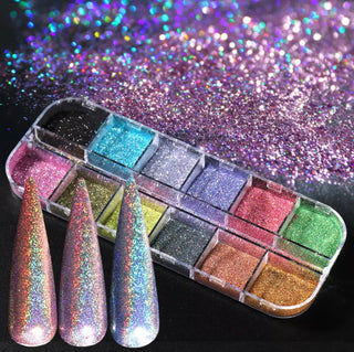 12 piece Holographic Nail Powder Set Glitter Shimmer Chrome Pigment Dust Laser Galactic Effect Dip Powder for Nail Art Decoration